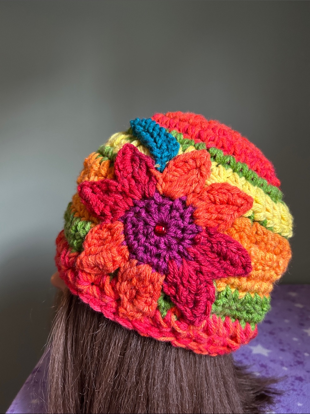 Colorful vibrant fall Crochet Flower Beanie - Multicolor medium and acrylic new